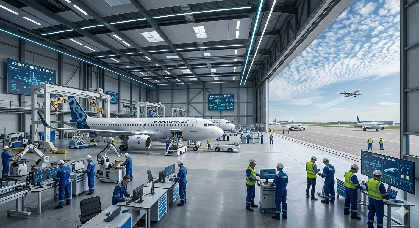A sleek, modern aircraft assembly line in a vast hangar, high precision machines, workers in blue uniforms, futuristic lighting, high tech manufacturing, photorealistic aerospace facility engineering real environment sky clouds planes flying --no woman